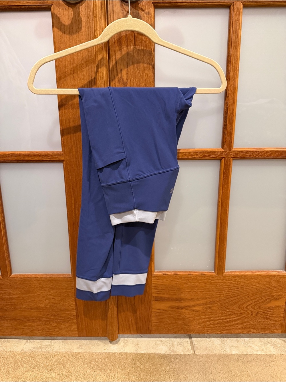 Athleta Blue Leggings with White Cuff Trim